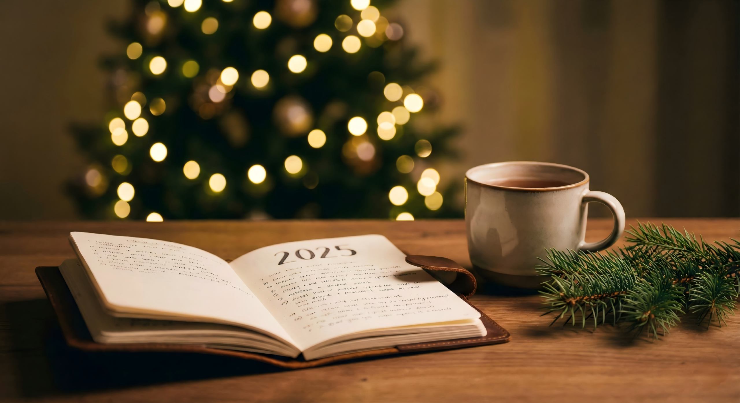2025年圣诞夜，书桌上写着2025的日记本和一杯热饮，背景是温暖模糊的节日灯光