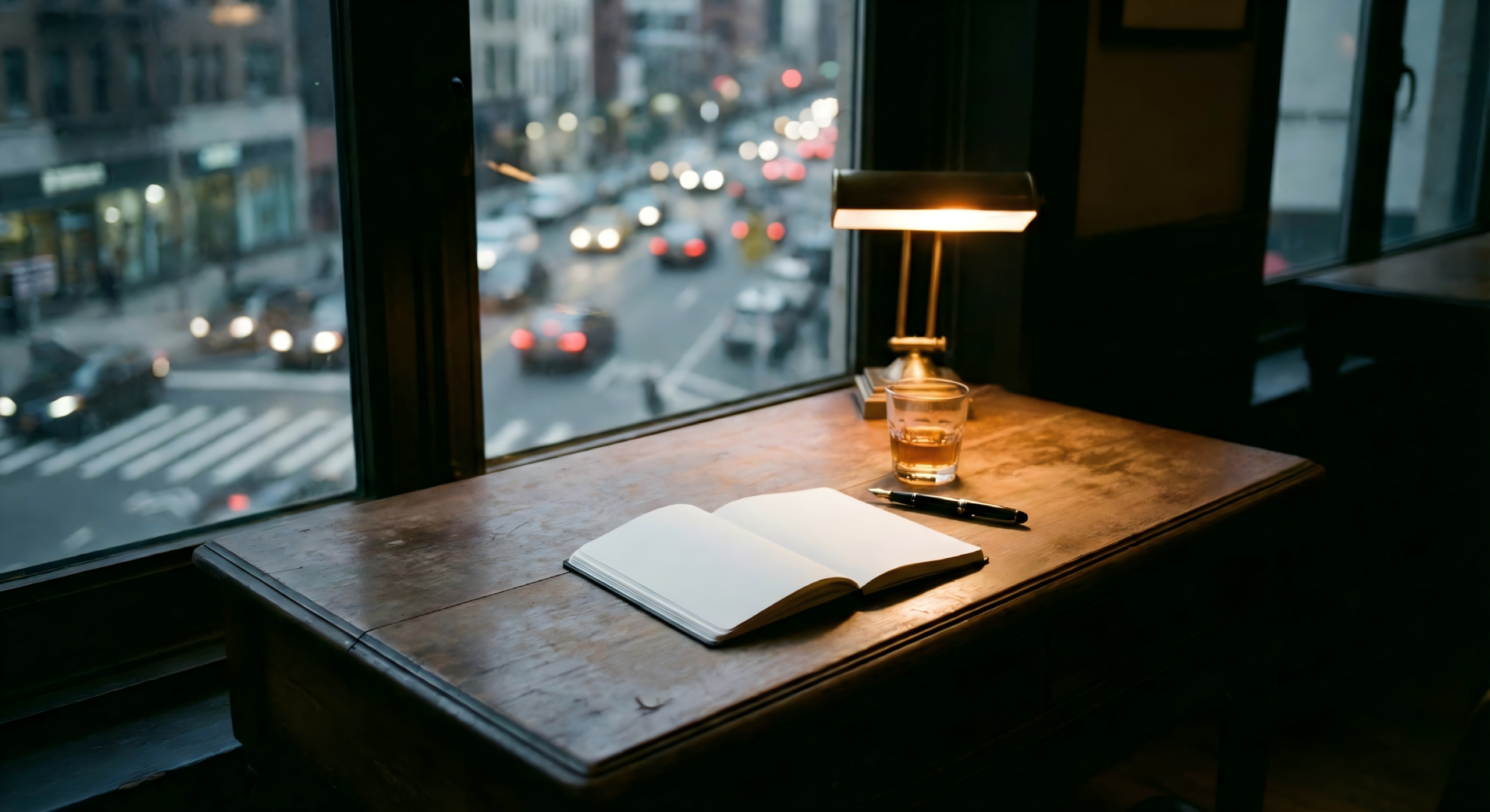 深夜窗边的木质书桌，放着打开的笔记本和一杯酒，窗外是模糊的城市灯火