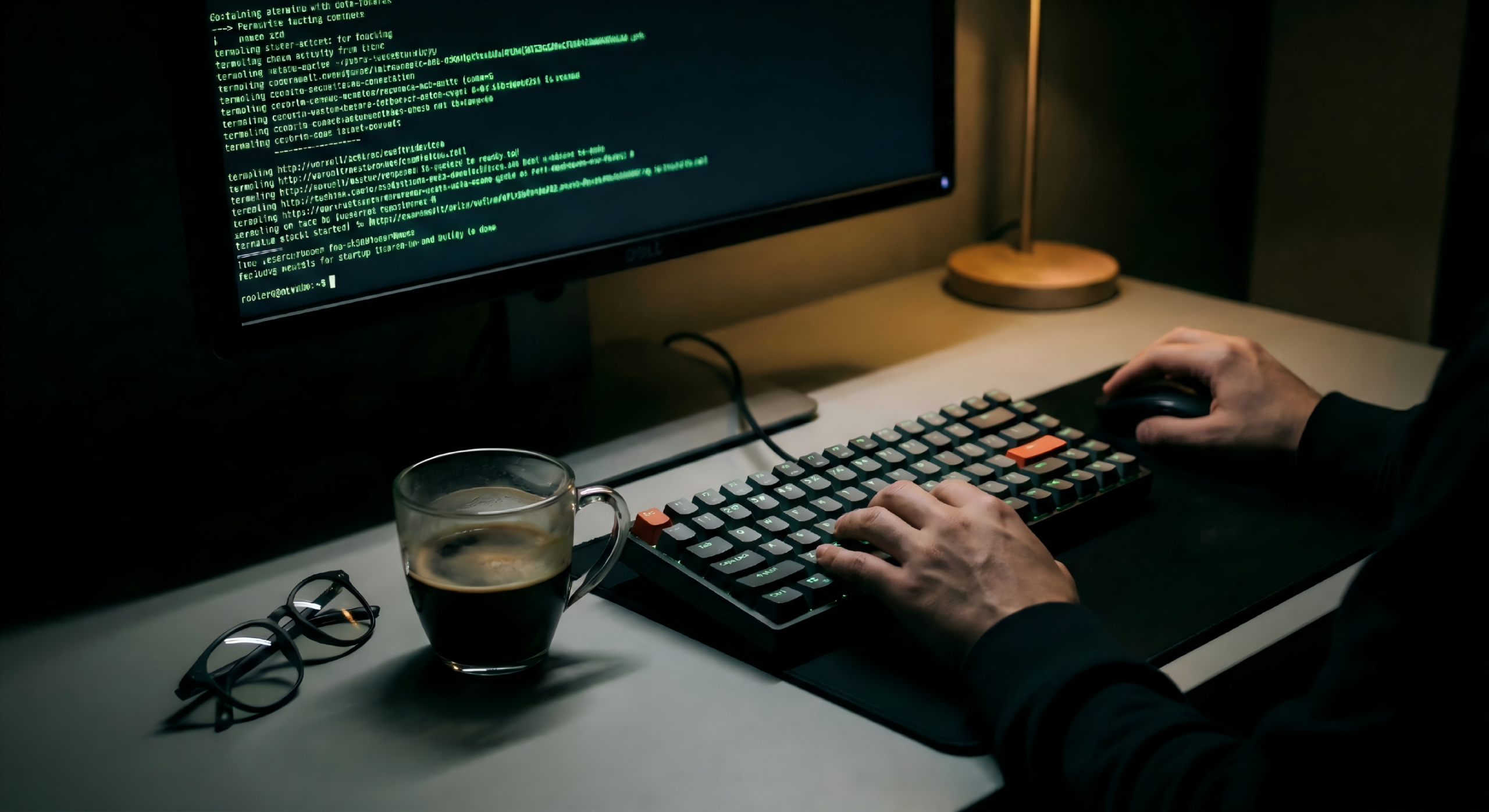 深夜的电脑桌前，开发者正在使用机械键盘编写代码，屏幕上显示着绿色的终端命令，旁边放着一杯咖啡。展现了搭建独立博客时的专注与折腾。